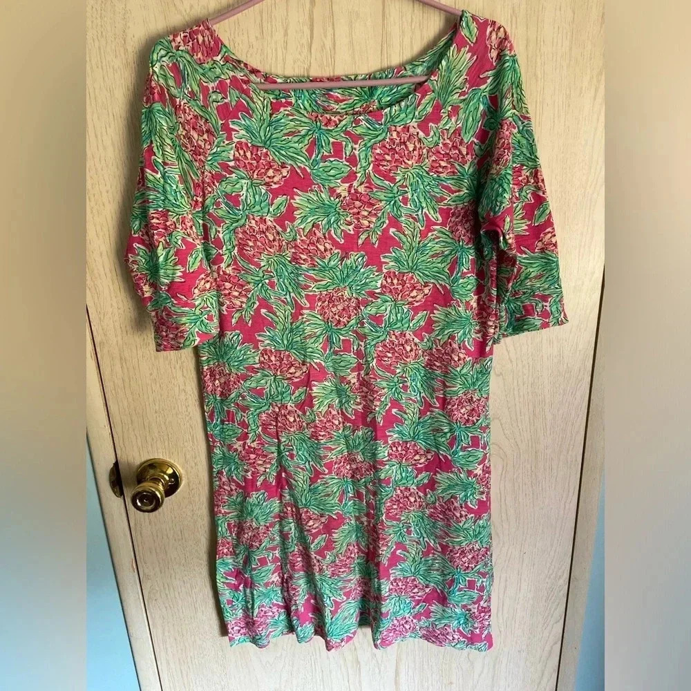 💜 Lilly Pulitzer Women's Cotton Shift Dress Pink Pineapple Green Size S